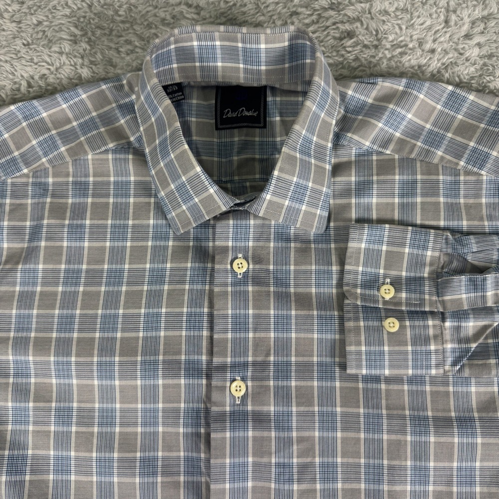 David Donahue Mens Plaid Dress Shirt Blue Grey 100% Cotton‎ 15.5 32/33